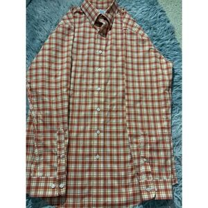 LL Bean Men's Medium Tall Orange Plaid Button Down Shirt Slightly Fitted
